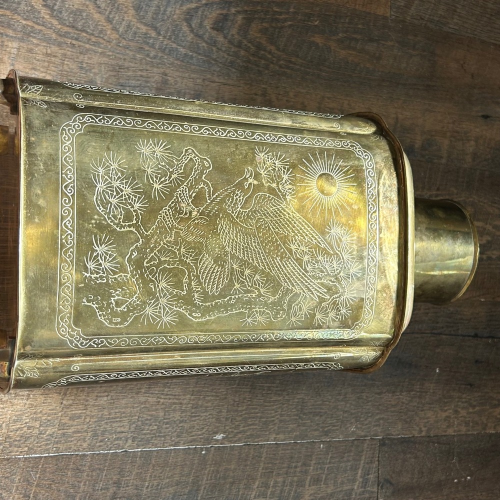 Vintage Large Etched Brass Chinoiserie Tea Caddy Canister Hong Kong Birds Bamboo - Picture 6 of 12